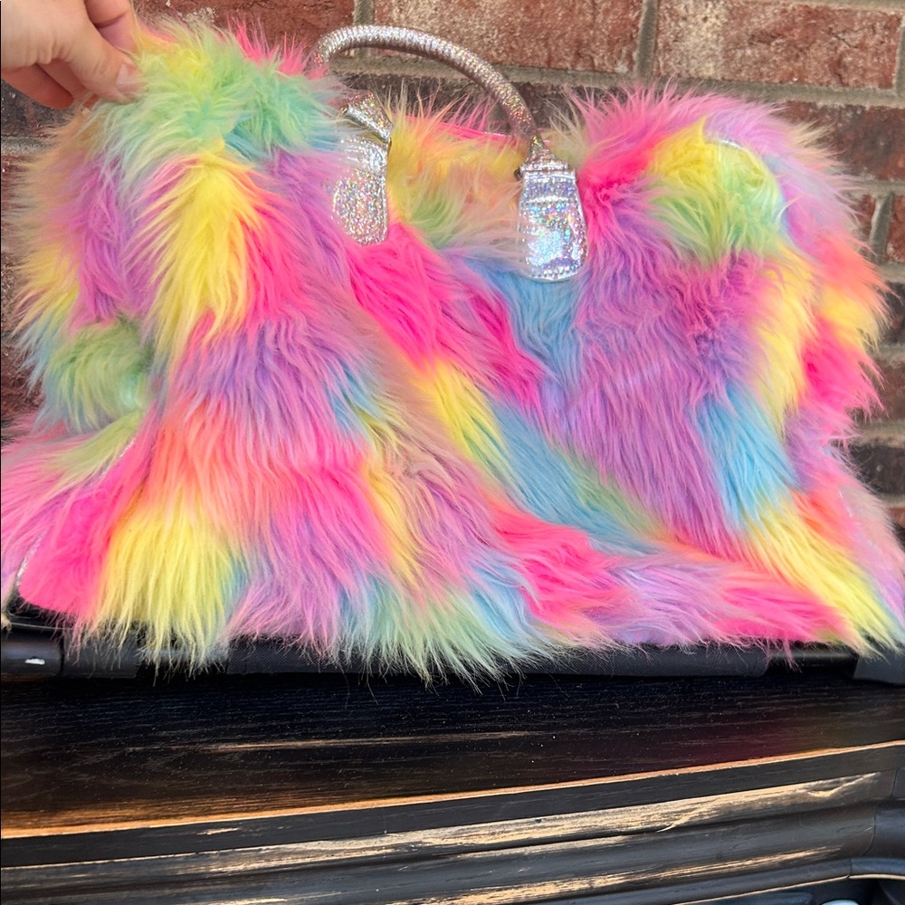 Justice Girls Emoji Fuzzy Rainbow Rolling Carry On Luggage bag light up wheels - Picture 5 of 9